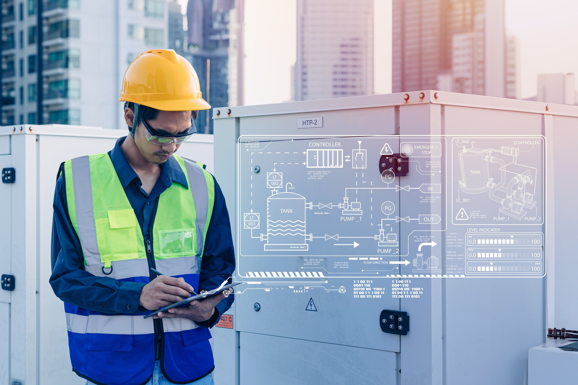 engineer using modern technology device software checking water pump tank pipe workflow heating system. worker looking tablet overlay pipes layout.
