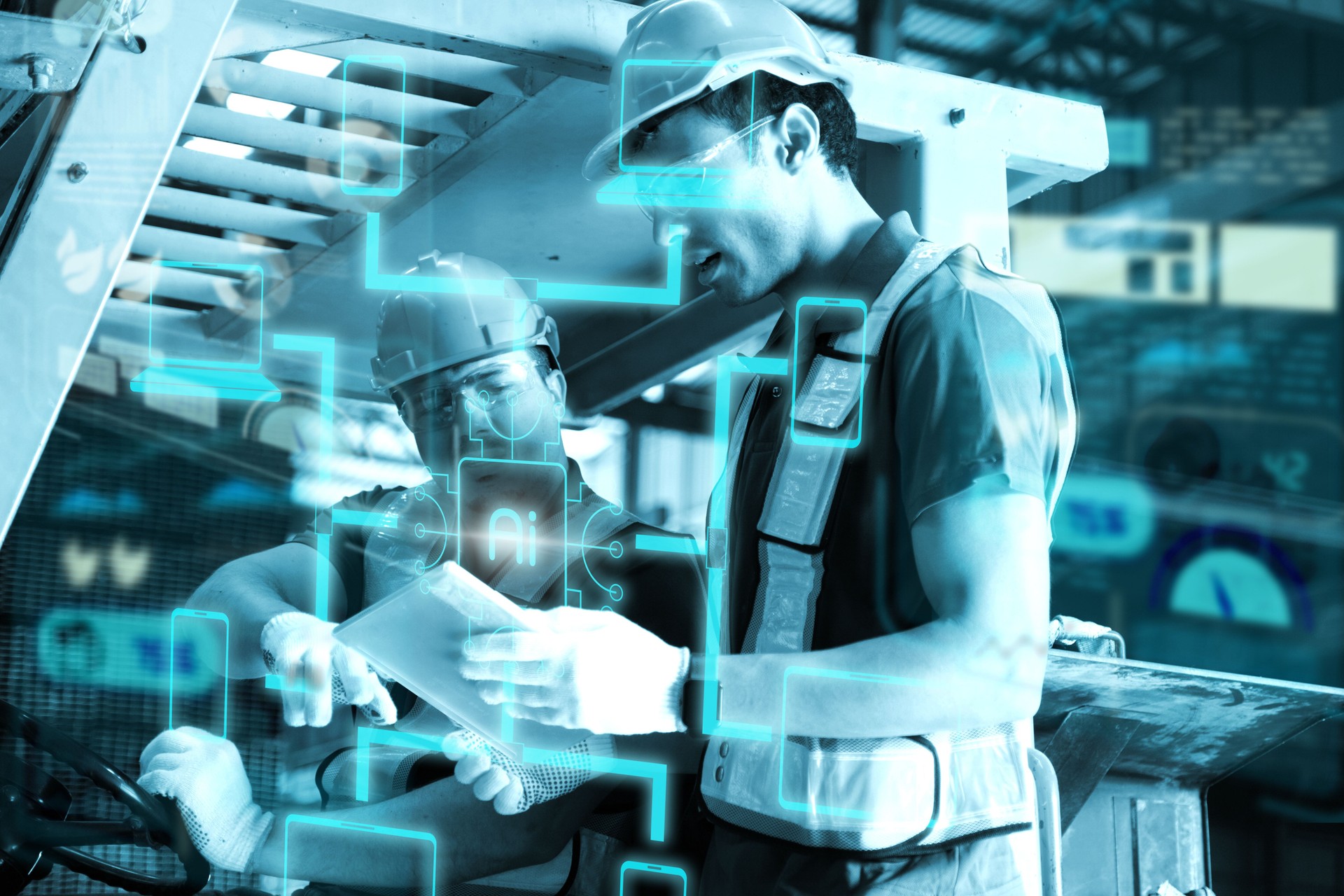 Team of  Engineers Use Tablet with visualize screen of the data statistic with ai technology in factory.